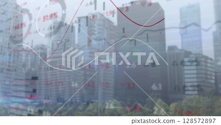 Image of financial data and statistics processing over city background 128572897