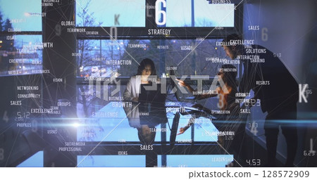 Image of social media icons and numbers falling over business people 128572909