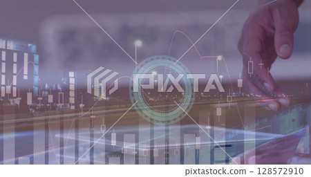 Image of clock, statistics and financial data processing over man using tablet 128572910
