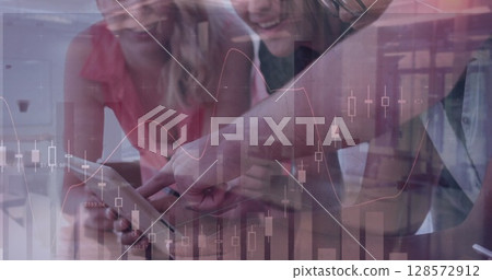 Image of statistics and financial data processing over business people using tablet in meeting 128572912