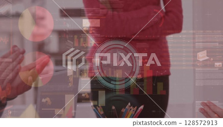 Image of clock, statistics and data processing over business people clapping in meeting Image of clock, statistics and data processing over business people clapping in meeting 128572913