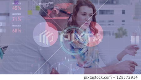 Image of clock, statistics and financial data processing over business people in meeting 128572914