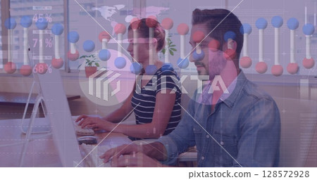 Image of dna strand and statistics, data processing over business people using computer Image of dna strand and statistics, data processing over business people using computer 128572928