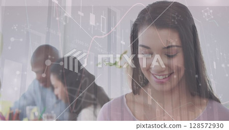 Image of clock, statistics and data processing over business people at meeting Image of clock, statistics and data processing over business people at meeting 128572930