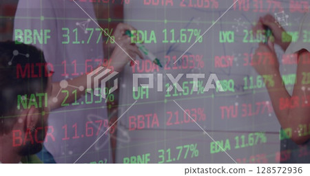 Image of financial data processing over businesspeople in meeting Image of financial data processing over businesspeople in meeting 128572936