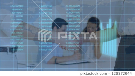 Image of financial data processing over business people shaking hands in meeting 128572944