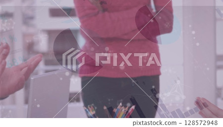 Image of statistics, molecules and data processing over business people clapping in office 128572948