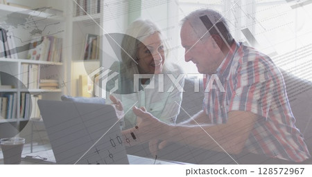 Image of data processing with senior caucasian couple using laptop 128572967