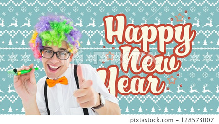 Image of happy new year text with caucasian man with party clothes 128573007