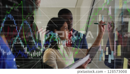 Image of statistics and financial data processing over business people in office Image of statistics and financial data processing over business people in office 128573008