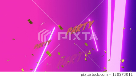 Golden confetti falling over party text banners against neon shapes on gradient background 128573011