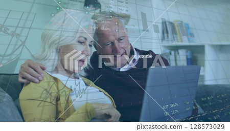 Image of financial data processing over senior couple using laptop 128573029