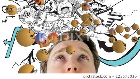 Image of emoji icons over caucasian man and icons on white background 128573030