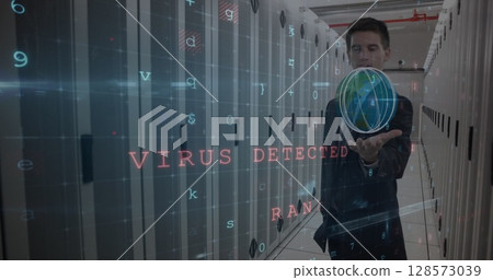 Image of cyber attack warning over caucasian man in server room 128573039