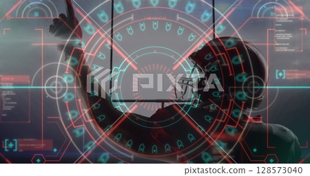 Image of data processing over male american football player pointing finger Image of data processing over male american football player pointing finger 128573040