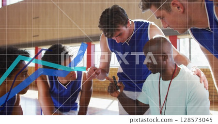 Image of charts over diverse male basketball team talking with trainer Image of charts over diverse male basketball team talking with trainer 128573045