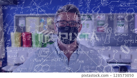 Image of mathematical equations over caucasian male teacher with face mask in classroom Image of mathematical equations over caucasian male teacher with face mask in classroom 128573050