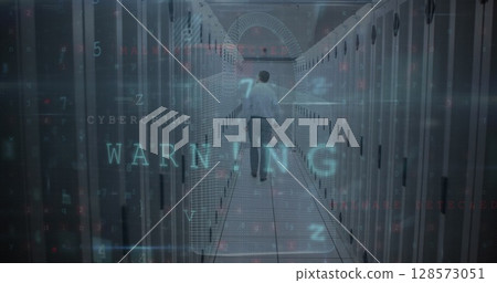 Image of cyber attack warning and padlock over caucasian man in server room Image of cyber attack warning and padlock over caucasian man in server room 128573051