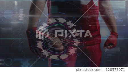 Glitch effect over digital interface against mid section of male rugby player holding a ball Glitch effect over digital interface against mid section of male rugby player holding a ball 128573071