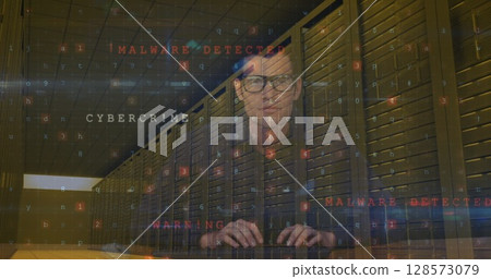 Image of cyber attack warning and data processing over male hacker and computer servers 128573079