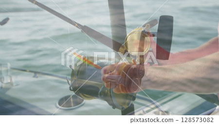 Image of caucasian man fishing over floating boat 128573082