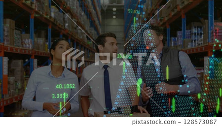 Image of financial data processing over diverse business people in warehouse 128573087