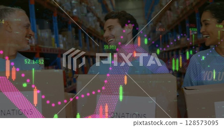 Image of financial data processing over diverse volunteers in warehouse Image of financial data processing over diverse volunteers in warehouse 128573095