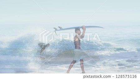 Image of double exposure of surfing people 128573116