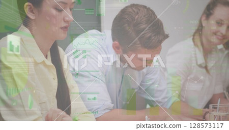 Image of statistics and financial data processing over business people in meeting 128573117