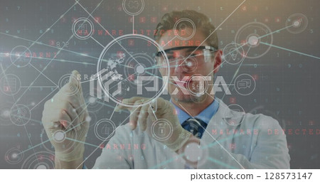 Network of digital icons against caucasian male doctor touching an invisible screen 128573147
