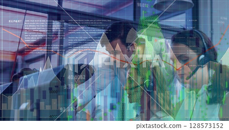 Image of data processing over caucasian business people in office Image of data processing over caucasian business people in office 128573152