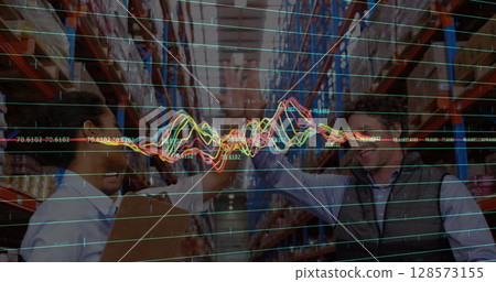 Image of financial data processing over diverse business people in warehouse 128573155