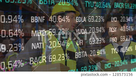 Image of stock market over diverse workers in warehouse 128573156