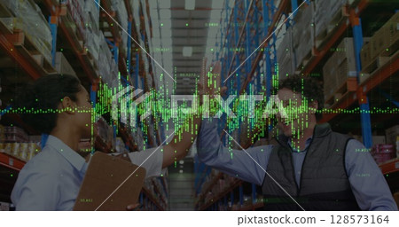 Image of financial data processing over diverse business people in warehouse Image of financial data processing over diverse business people in warehouse 128573164