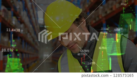 Image of financial data processing over caucasian worker in warehouse 128573165