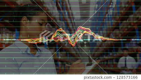 Image of financial data processing over diverse business people in warehouse 128573166