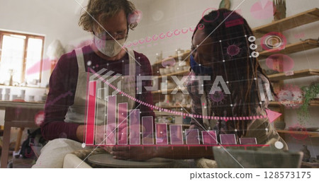 Image of covid 19 cells and statistics over man and woman in pottery studio wearing face masks 128573175