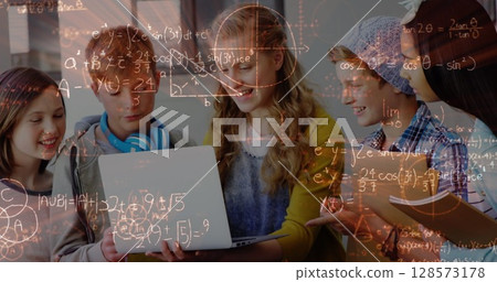 Image of mathematical formulas over students using computers Image of mathematical formulas over students using computers 128573178