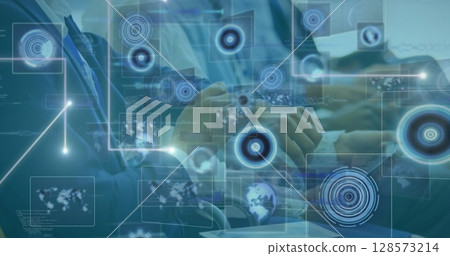 Image of financial data processing over group of business people in office 128573214