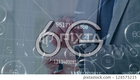 Image of 6g and 5g texts with numbers over caucasian businessman checking smartwatch 128573215
