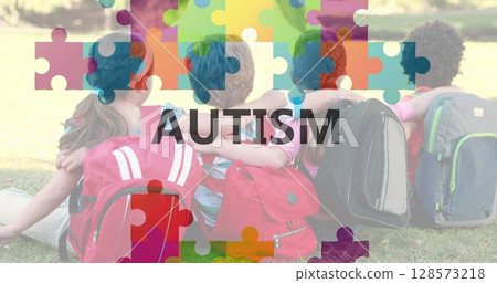 Image of autism awareness month text over diverse schoolchildren embracing Image of autism awareness month text over diverse schoolchildren embracing 128573218
