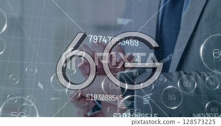 Image of 6g and 5g texts with numbers over caucasian businessman checking smartwatch Image of 6g and 5g texts with numbers over caucasian businessman checking smartwatch 128573225
