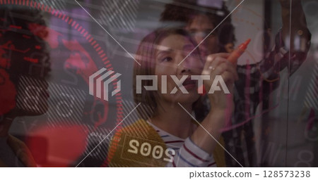 Image of financial data processing and globe over diverse business people Image of financial data processing and globe over diverse business people 128573238