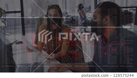 Image of financial data processing over diverse business people wearing face masks 128573244