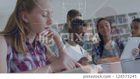 Image of mathematical equations over school children using tablet in classroom 128573245