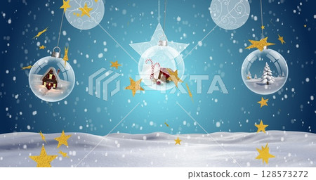 Image of snow falling over christmas baubles with presents Image of snow falling over christmas baubles with presents 128573272