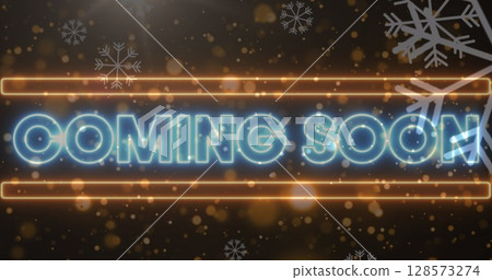Image of coming soon text over snow falling at christmas 128573274