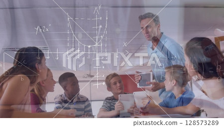 Image of mathematical equations over male teacher and school children using tablets in classroom 128573289