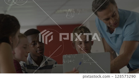 Image of mathematical equations over school children and male teacher using laptop in classroom 128573290