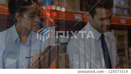 Image of financial data processing over people working in warehouse 128573314